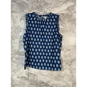 J Crew Blue Floral Ruffle Neck Sleeveless Boxy Top Size L